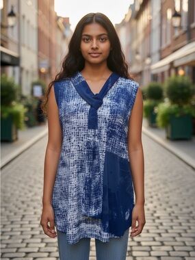 DKNYC Blue Printed Sleeveless Tie-Neck Tank